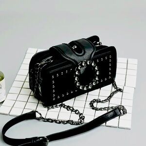 >SALE< New -Faux Leather Crossbody Bag w/Rhinestone Buckle & Rivet Detail -Black